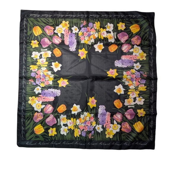 Kemtrade Holland Floral Scarf Black Tulip Daffodil Square Neck Kerchief - Picture 1 of 7